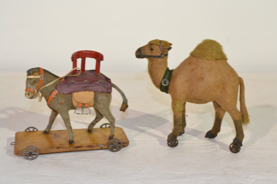 STUFFED MOHAIR CAMEL PULL TOY & HORSE PULL TOY: STUFFED MOHAIR CAMEL PULL TOY & HORSE PULL TOY (HORSE AS FOUND) - CAMEL IS 6" x 2" x 6" & HORSE IS 6" x 2 1/4" x 5 1/2"