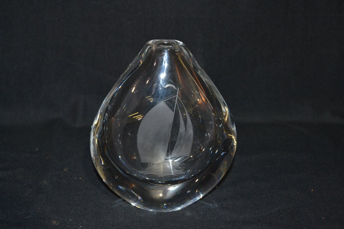 ORREFORS VASE WITH ETCHED SAILBOAT -: 6 1/2" x 8 1/4"