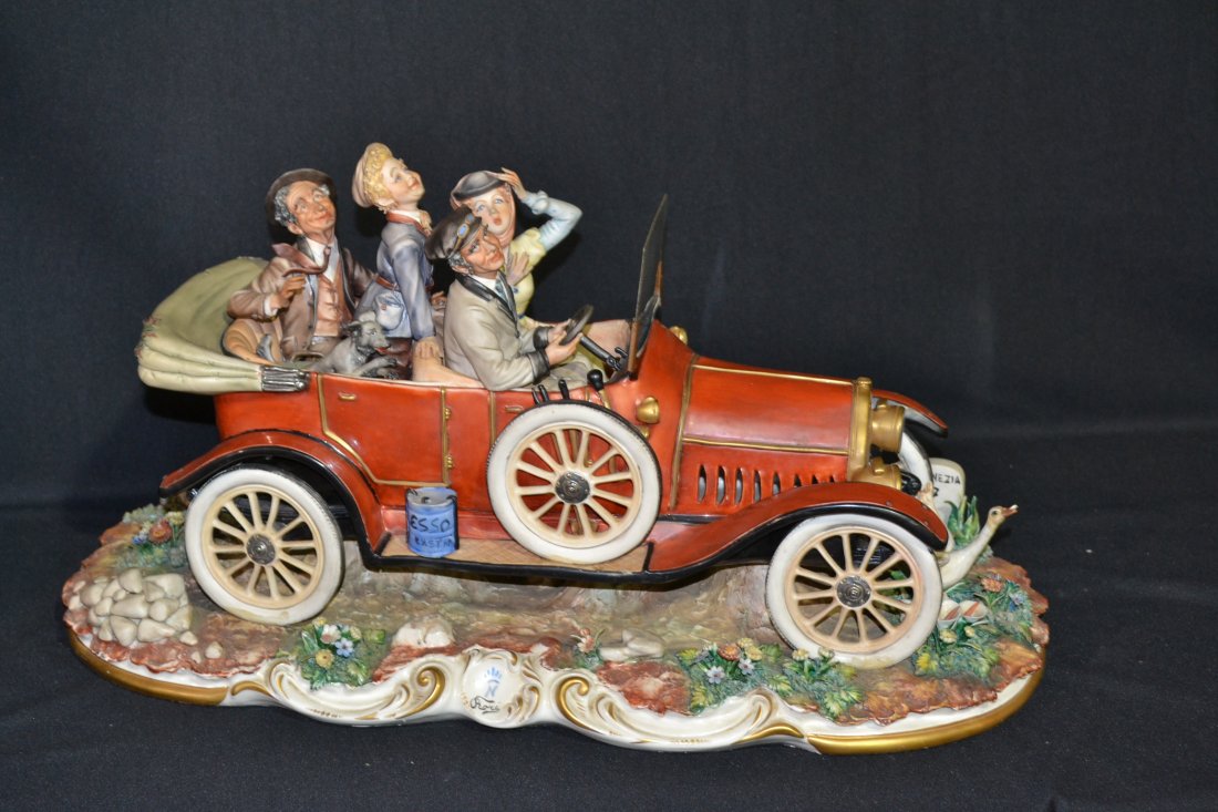 LARGE CAPODIMONTE FIGURES IN CAR: 12" x 12" x 23"