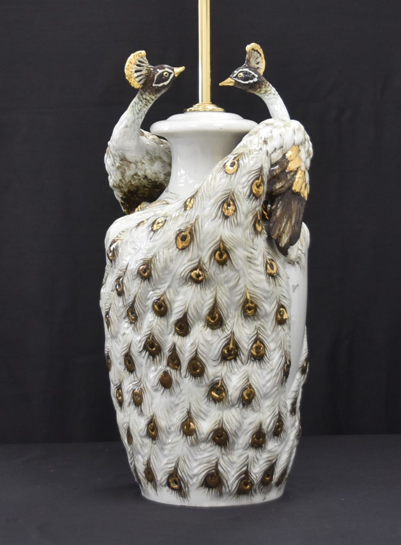 CAPODIMONTE PORCELAIN PEACOCK LAMP: CAPODIMONTE PORCELAIN PEACOCK LAMP , ARTIST SIGNED MONE , WITH ARTE MEDICEA LABEL - 13" x 26" OVERALL (ONE HEAD GLUED)