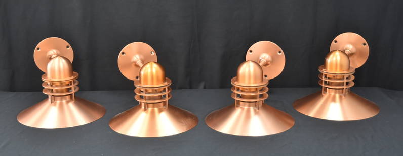 (4) LOUIS POULSEN NYHAVN OUTDOOR WALL SCONCES: (4) DANISH MODERN , DENMARK LOUIS POULSEN BRUSHED COPPER WALL SCONCE LIGHT FIXTURES ; DESIGNED BY ALFRED HOMANN & OLE V. KJAER FOR LOUIS POULSEN , 1976 ; BRUSHED COPPER NYHAVN WALL SCONCE OUTDOOR LIGH