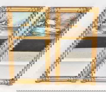 (Pr) ANTIQUE GILDED TRUMEAU MIRRORS: (Pr) ANTIQUE GILTWOOD TRUMEAU MIRRORS WITH OIL ON CANVAS WINTRY SCENE PAINTINGS , ONE SIGNED NORBY ; ANDRE DE JANITY - 11 1/4 x 21 1/4"