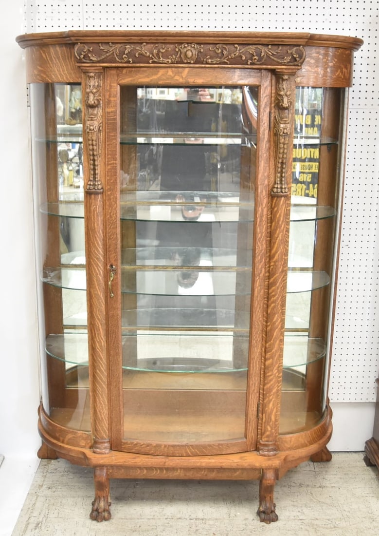 CARVED TIGER OAK CURIO CABINET (1 of 19)