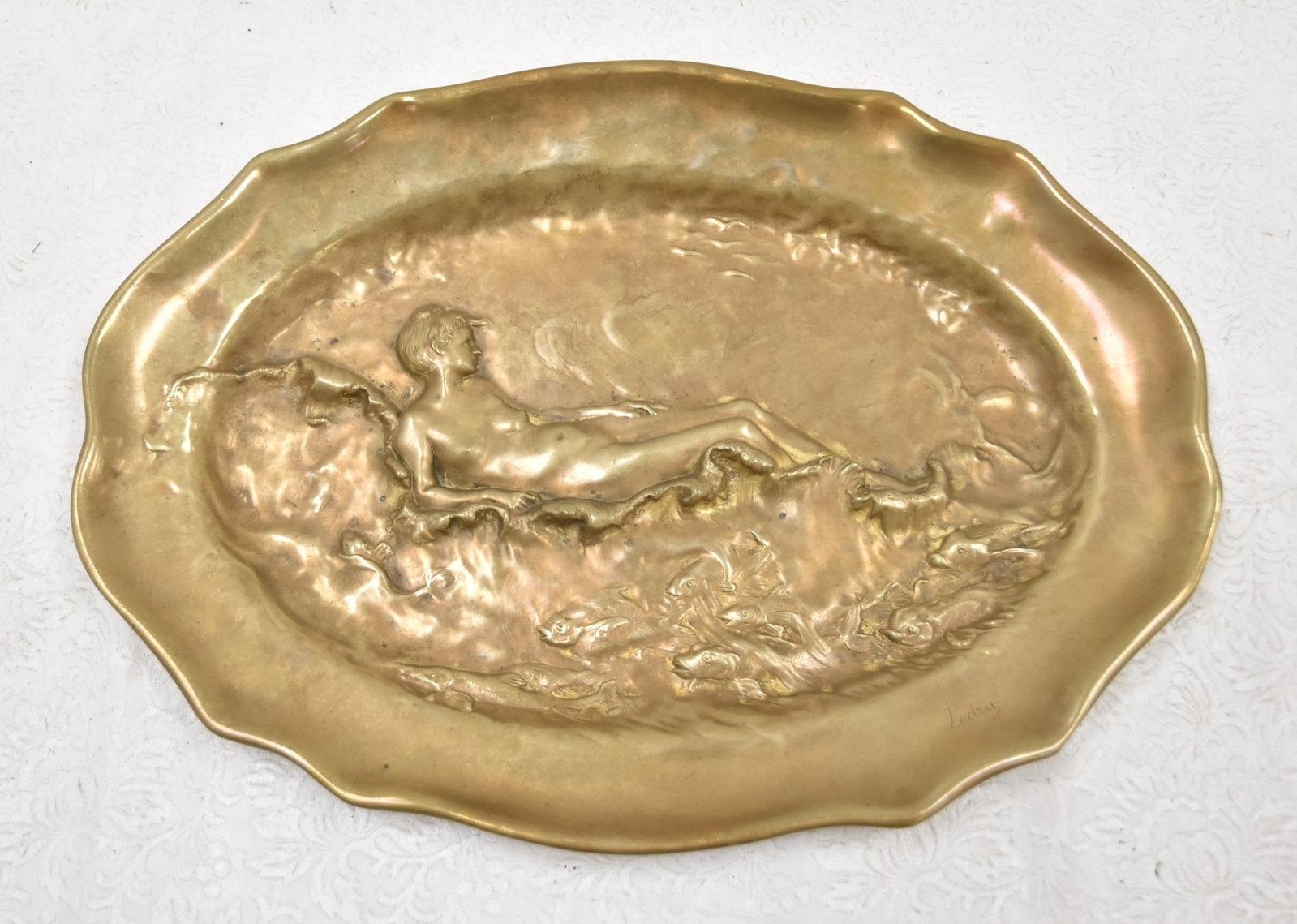 AUGUSTE LEDRU (1860-1902) BRONZE VIDE POCHE TRAY: AUGUSTE LEDRU (1860-1902) ART NOUVEAU BRONZE VIDE POCHE TRAY WITH FEMALE NUDE SIREN ON WAVES ; WITH THIEBAUT FRERES FOUNDRY STAMP - 15" x 11"
