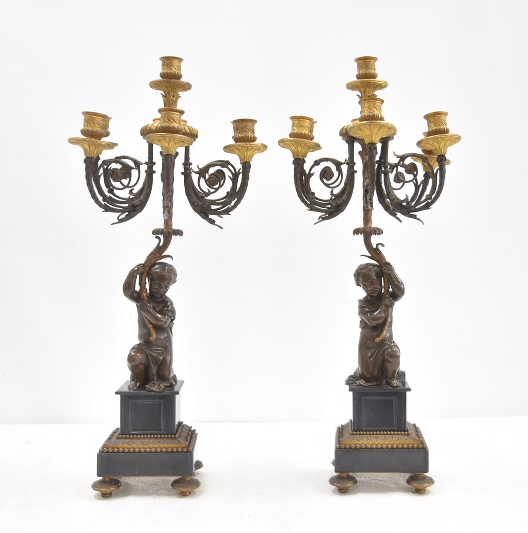 (Pr) FRENCH 2-TONE BRONZE PUTTI CANDELABRAS (1 of 18)
