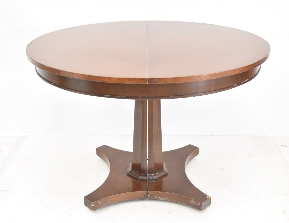 JOHN STUART ROUND EXTENSION DINING TABLE: JOHN STUART ROUND EXTENSION DINING ROOM TABLE WITH SPLIT PEDESTAL BASE & (2) 18" LEAVES WITH APRONS ; MAKING OVAL TABLE - TABLE CLOSED IS 42" x 29 1/2" ; 78" WITH EXTENSION BOARDS IN (SOME VENEER CHIP