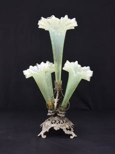 ANTIQUE VASELINE GLASS 5-FLUTE EPERGNE: ANTIQUE VICTORIAN FENTON URANIUM VASELINE GLASS FLUTED EPERGNE WITH ORIGINAL FITTED SILVERED BASE; (5) ANTIQUE FENTON VASELINE GLASS OPALESCENT & YELLOW FLUTES SET IN FITTED BASE ; (CHECK PHOTOS FOR I