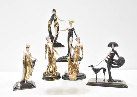 (6) ERTE FRANKLIN MINT PORCELAIN FIGURINES: (6) HOUSE OF ERTE FRANKLIN MINT HAND PAINTED PORCELAIN ART DECO WOMEN FIGURINES ERTE FRANKLIN MINT PORCELAIN FIGURINE "SYMPHONY IN BLACK" , M1926 / ERTE FRANKLIN MINT PORCELAIN FIGURINE "PEARLS &