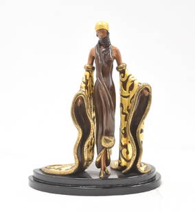 ERTE "THE MYSTIC" COLD PAINTED BRONZE FIGURE: ERTE (ROMAIN de TIRTOFF, FRENCH / RUSSIAN ,1892-1990) "MYSTIC" COLD PAINTED & PARTIAL GILT BRONZE ART DECO WOMAN WITH SHAWL , SIGNED ERTE , PUBLISHED BY CHALK & VERMILION AND SEVEN ARTS., 1988 ,