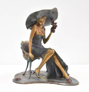 ISAAC MAIMON , "EMMA ROSE" BRONZE SCULPTURE: ISAAC MAIMON (ISRAEL, b. 1951) COLD PAINTED BRONZE SEATED LADY HOLDING ROSE & WEARING LARGE HAT , TITLED "EMMA ROSE" , WITH FOUNDRY STAMP , SIGNED MAIMON , 43/150 - 16" x 11 1/2" x 16"