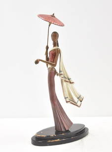 TING SHAO KUANG , BRONZE "SPRING RAIN": TING SHAO KUANG (CHINESE , b. 1939) COLD PAINTED BRONZE LADY WITH PARASOL , SIGNED KUANG , PUBLISHED BY SEGAL FINE ARTS , 1989 ; NUMBERED 4/250 - 14" x 7" x 24 3/4" (SOME LACQUER WEAR ON BASE)