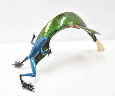 TIM COTTERILL , LARGE BRONZE FROG ON LEAF: TIM COTTERILL "FROGMAN" (ENGLISH/AMERICAN , b. 1950) LARGE ENAMELED BRONZE FROG CLIMBING LEAF WITH BUTTERFLY , TITLED "OVER THE TOP" , SIGNED TIM , "THE FROGMAN" , SIGNED LIMITED EDITION , 