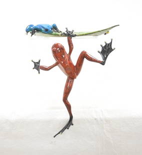 TIM COTTERILL , BRONZE FROGS "CLIFF HANGER": TIM COTTERILL "FROGMAN" (ENGLISH/AMERICAN , b. 1950) ENAMELED BRONZE FROG GROUPING SCULPTURE , TITLED "CLIFFHANGER" , ARTIST SIGNED & LIMITED EDITION ; ENAMELED BLUE TREE FROG ON LEAF WITH RED 