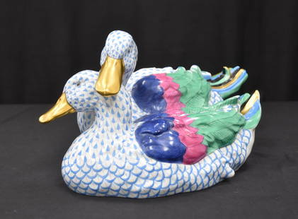 LARGE HEREND PORCELAIN DUCKS GROUPING: Large Herend porcelain figurine of a "Pair Of Ducks" embellished in a blue hued fishnet pattern. Finished with gilded accents. Style:# 5035 - 15" x 9" x 9"