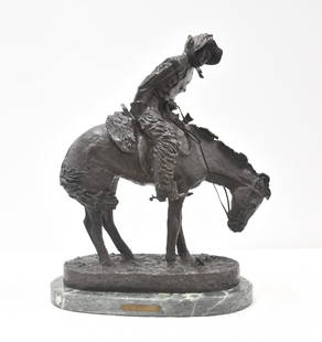 FREDERIC REMINGTON "NORTHER" BRONZE SCULPTURE: FREDERIC REMINGTON RECAST BRONZE SCULPTURE "THE NORTHER" ; AFTER FREDERIC REMINGTON (AMERICAN, 1861-1909) BRONZE "THE NORTHER" ON GREEN MARBLE BASE - 16" x 10" x 21 1/2"