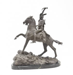 AFTER REMINGTON BRONZE "THE SCALP": AFTER FREDERIC REMINGTON , BRONZE SCULPTURE OF NATIVE AMERICAN ON HORSEBACK , ORIGINALLY TITLED "TRIUMPH" ; ALSO COMMONLY KNOWN AS "THE SCALP " 19" x 10" x 25"