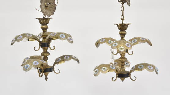 (Pr) JEWELED PALM LEAF CHANDELIERS: (Pr) HOLLYWOOD REGENCY STYLE PALM FROND LEAD LIGHT FIXTURE CHANDELIERS ; 6-LIGHT JEWELED PALM LEAF FILIGREE BRASS CEILING FIXTURE CHANDELIERS WITH APPLIED JEWELS & HANGING PRISM CRYSTALS (CRYSTAL NOT