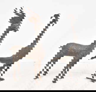 (2) PERSIAN MIXED METAL ANIMALS: (2) ANTIQUE PERSIAN SILVER INLAID IRON ANIMALS ; PERSIAN MIXED METAL FIGURE OF DEER / PERSIAN MIXED METAL BIRD - 14 1/2" x 4" x 27"