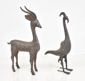 (2) PERSIAN MIXED METAL ANIMALS: (2) ANTIQUE PERSIAN SILVER INLAID IRON ANIMALS ; PERSIAN MIXED METAL FIGURE OF DEER / PERSIAN MIXED METAL BIRD - 14 1/2" x 4" x 27"