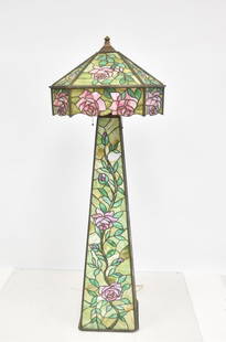 LARGE LEADED GLASS FLOOR LAMP: GREEN FLORAL LEADED STAINED GLASS SHADE & BASE FLOOR LAMP ; LEADED STAINED GLASS SHADE FLOOR LAMP WITH MATCHING LIGHT UP BASE WITH ROSES & FOLIATE PATTERN - 20 1/2" x 20 1/2" x 60"