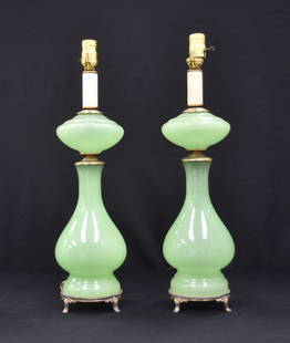 (Pr) GREEN OPALINE LAMPS: (Pr) ANTIQUE GREEN OPALINE LAMPS - 5" x 20"