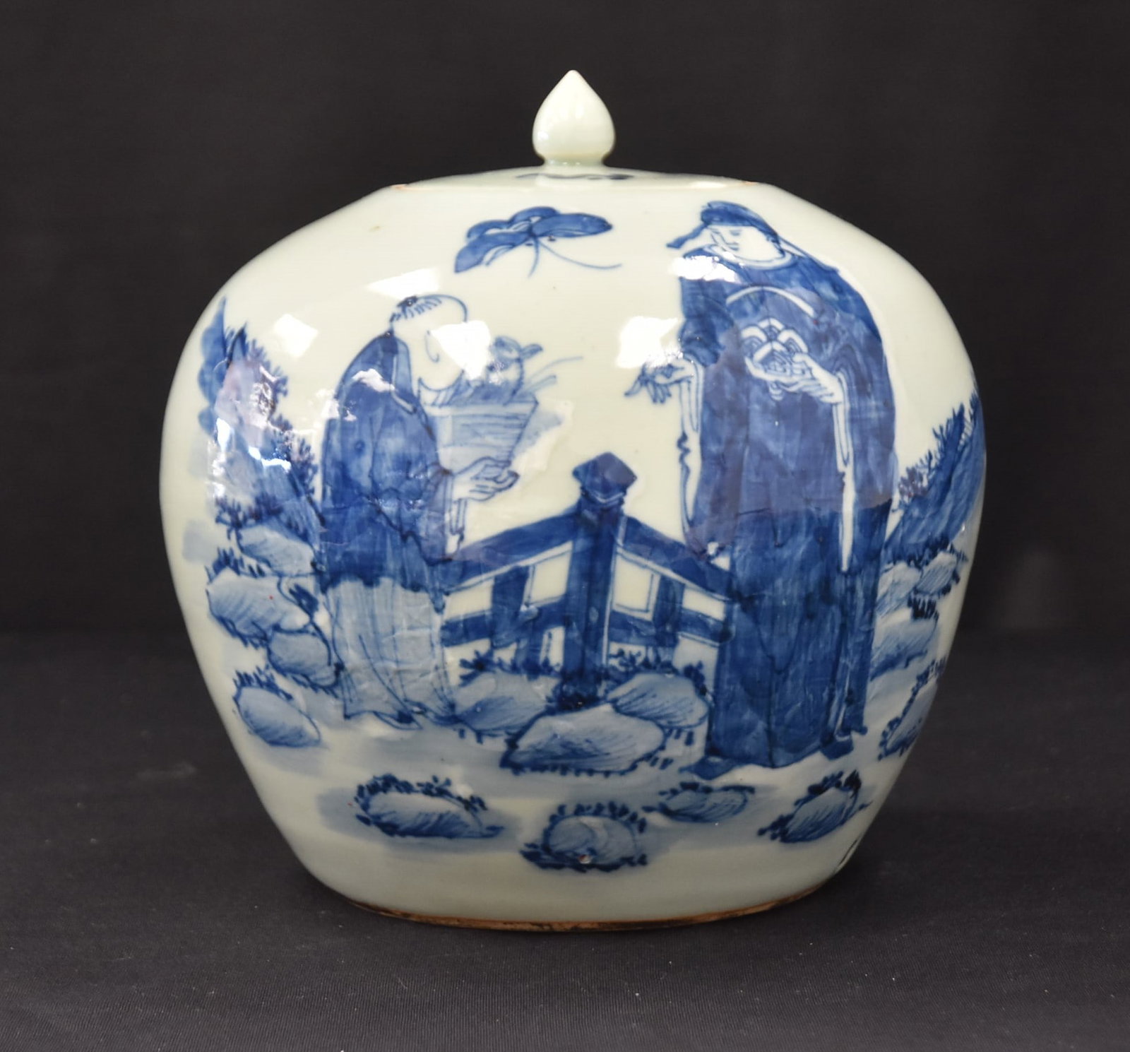 CHINESE CELEDON GLAZE COVERED URN: CHINESE CELEDON GLAZE COVERED JAR WITH FIGURES - 8 " (CHIP ON COVER)