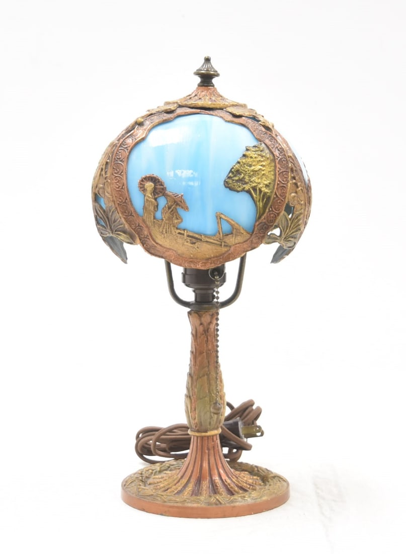 SALEM BROS BLUE BENT SLAG GLASS BOUDOIR LAMP (1 of 13)