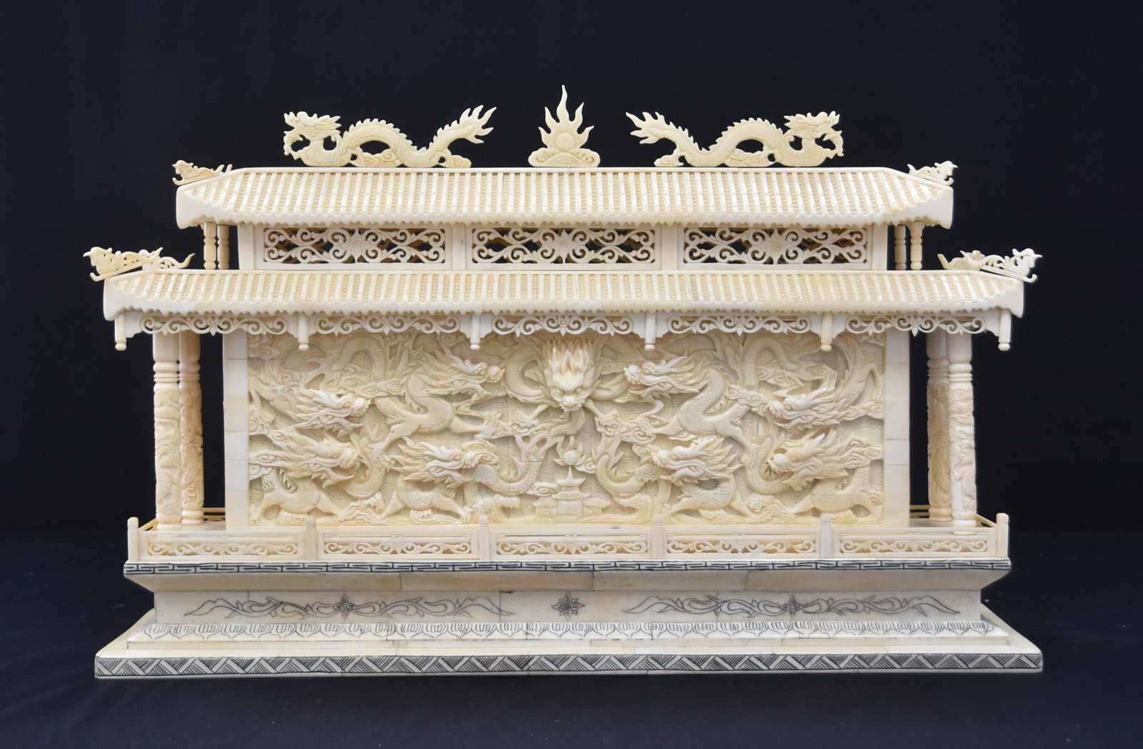 LARGE CHINESE TEMPLE BONE CARVING: CARVED BONE CHINESE TEMPLE WITH DRAGONS - 22" x 5" x 13 1/2"
