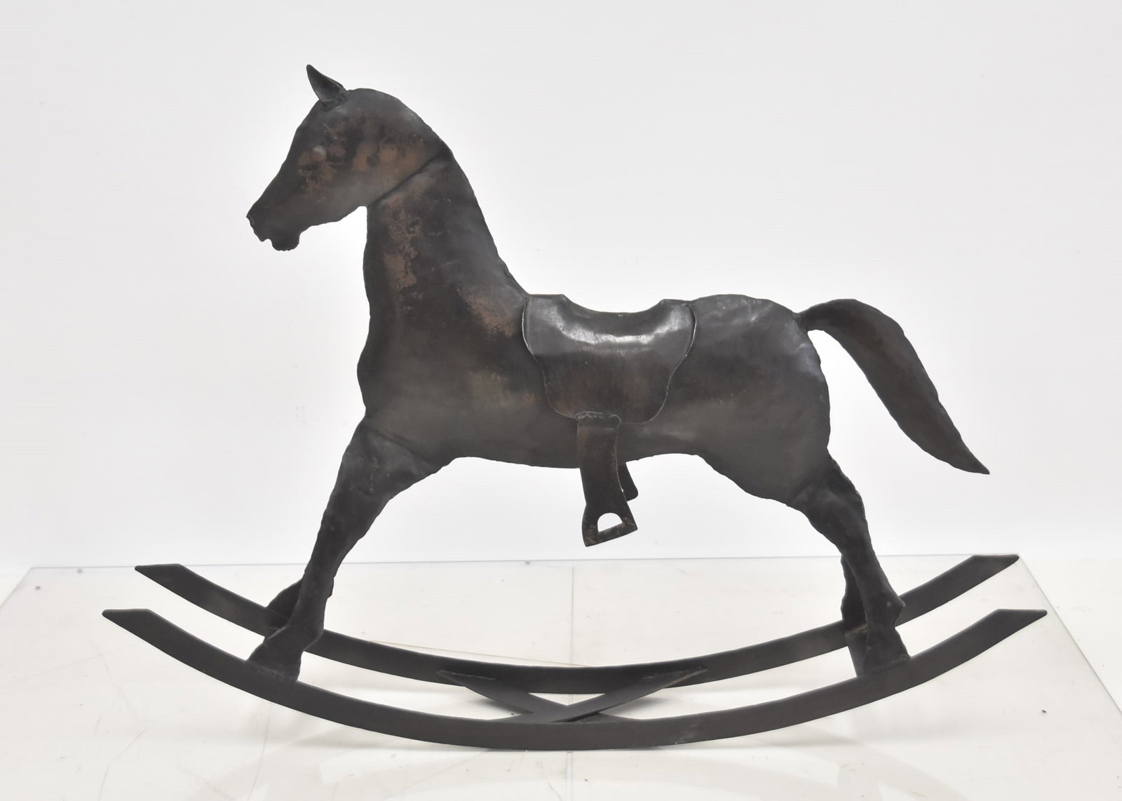 ANTIQUE SHEET METAL ROCKING HORSE: ANTIQUE METAL ROCKING HORSE - 37" x 6" x 26 1/2"