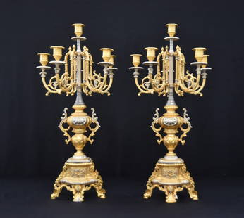 (Pr) LANCINI , ITALY GILDED CANDELABRAS: (Pr)2-TONE ITALIAN SILVERED & GILDED 6-LIGHT CANDELABRAS BY LANCINI , MADE IN ITALY - 12" x 24"