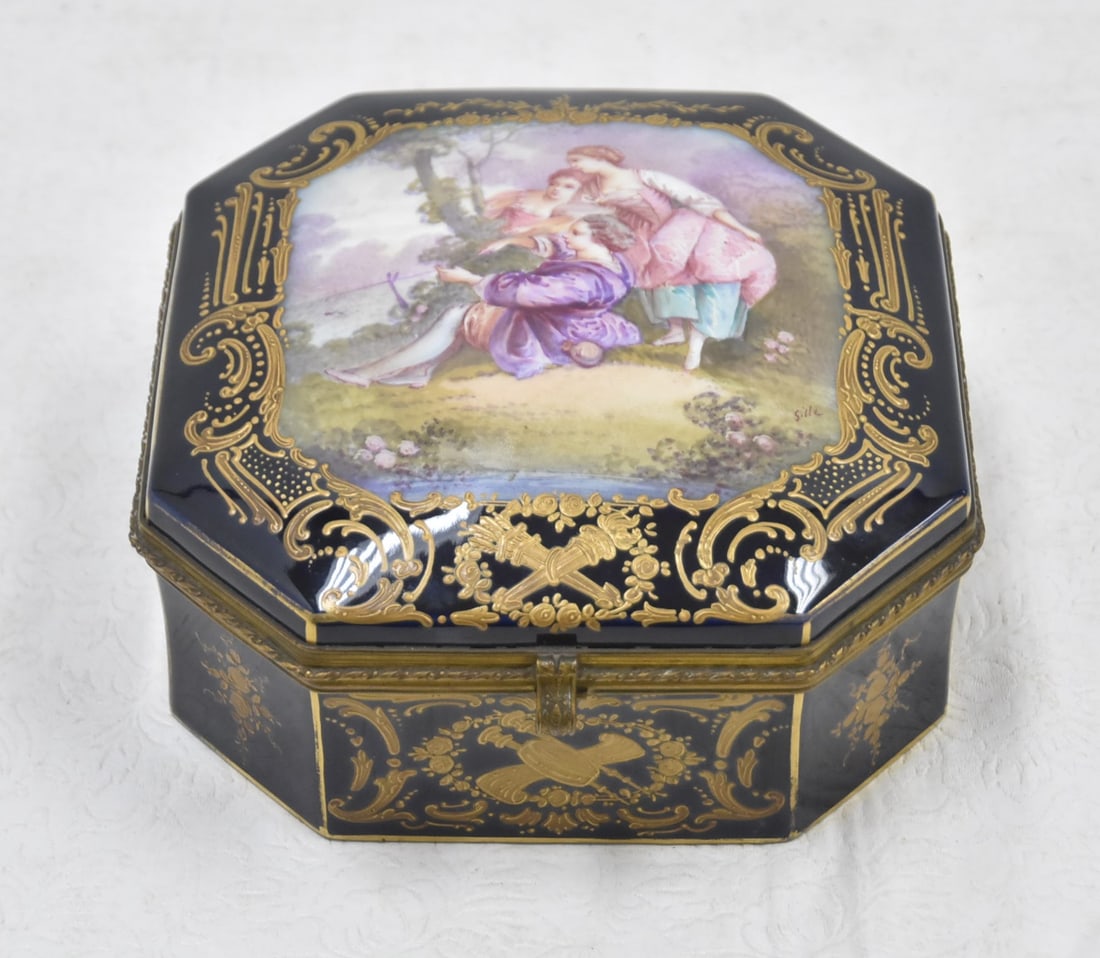 19thC HAND PAINTED SEVRES PORCELAIN BOX: 19thC HAND PAINTED LAPIS BLEU CHATEAU des TUILERIES SEVRES PORCELAIN WITH FIGURAL SCENES SURROUNDED BY GOLD DECORATIONS , ARTIST SIGNED SILLE - 7 1/2" x 7 1/2" x 3 1/2"
