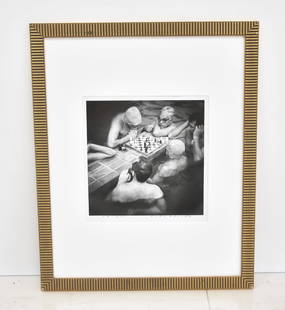 ALAN BECKER SILVER GELATIN PHOTO PRINT: ALAN BECKER SILVER GELATIN PRINT OF FIGURES PLAYING CHESS IN POOL , SET IN GILTWOOD CHELSEA FRAME , SIGNED ALAN BECKER ; NUMBERED 59/200 - 10" x 10 1/2" ; 18" x 22" FRAMED