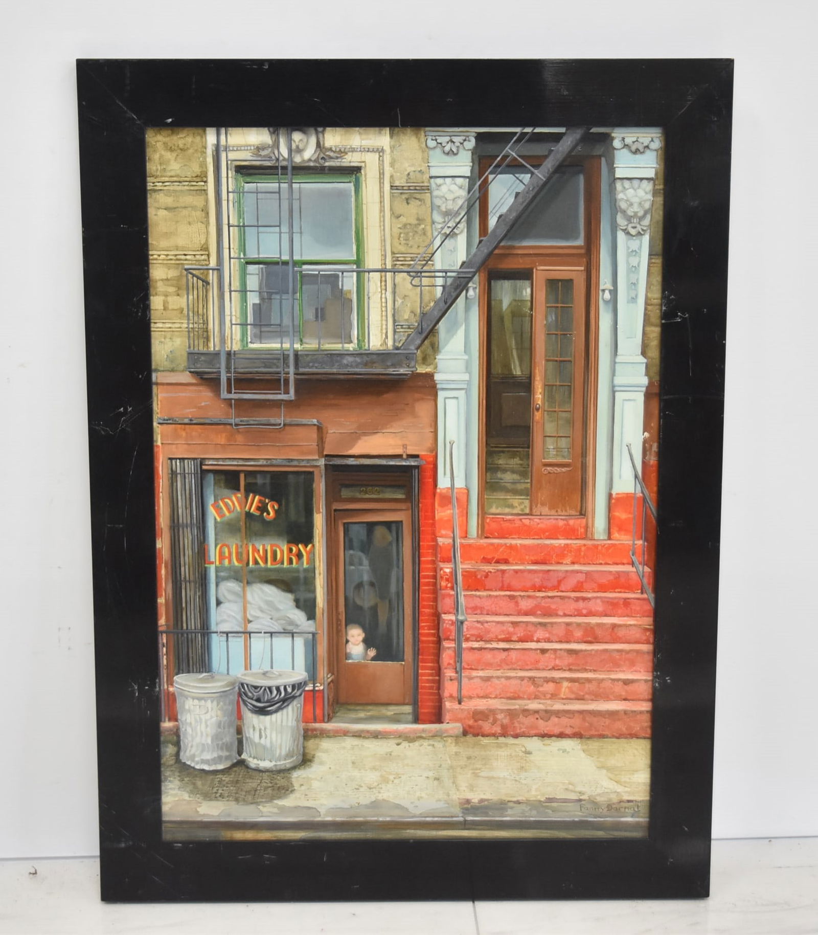 FANNY DARNAT , OIL ON MASONITE ILLUSTRATION: FANNY DARNAT , OIL ON MASONITE ILLUSTRATION "EDDIE'S LAUNDRY" , SIGNED FANNY DARNAT , LOWER RIGHT - 15 1/2" x 22" / 19 1/2" x 26" OVERALL
