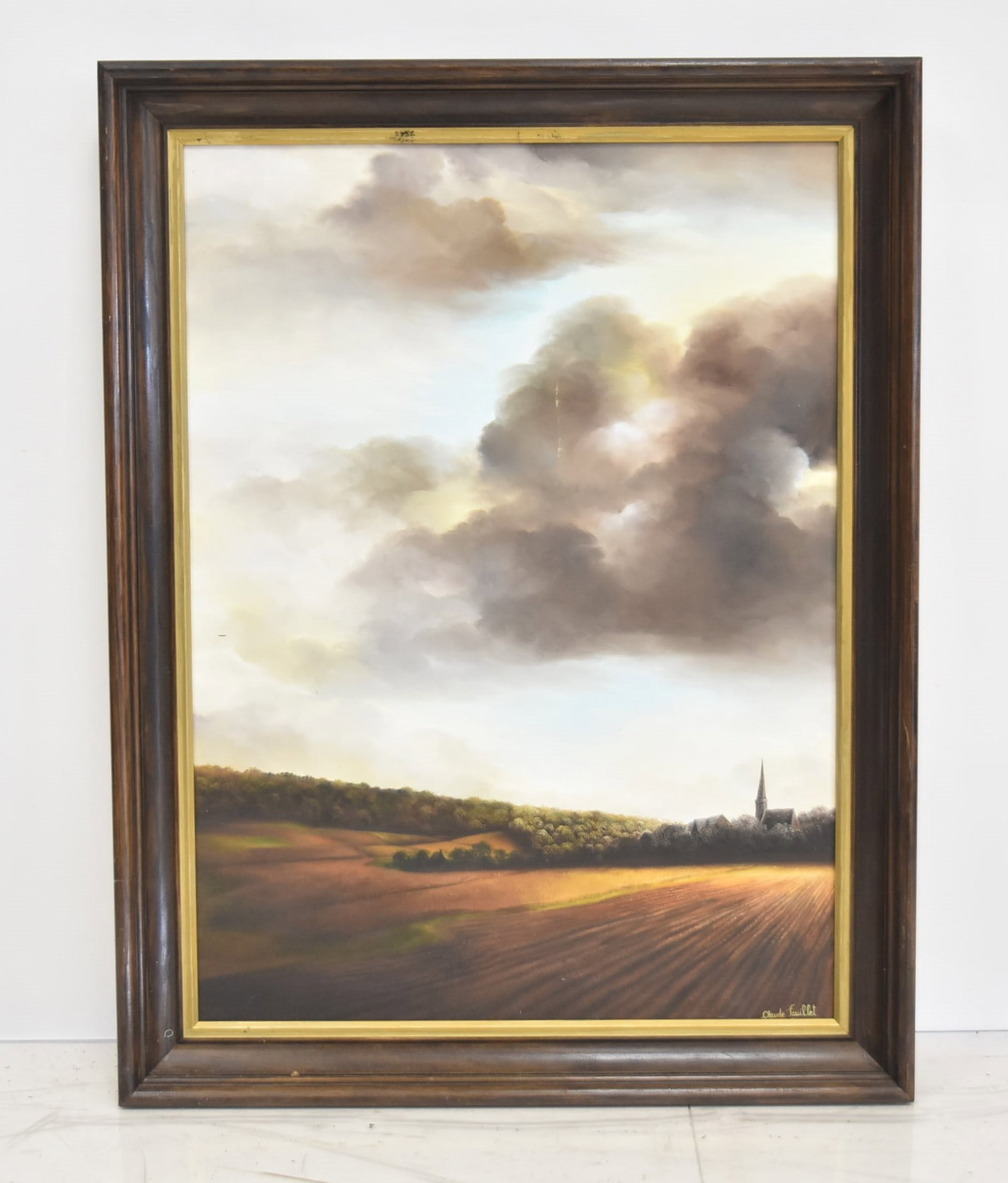CLAUDE FEUILLET , OIL ON CANVAS LANDSCAPE: CLAUDE FEUILLET (FRENCH, b. 1952) OIL ON CANVAS LANDSCAPE WITH CHURCH STEEPLE , TITLED INVERSO "LE CHAMP DE CHAUME" - 21" x 28" ; 25" x 33" FRAMED (SOME MINOR LOSS)
