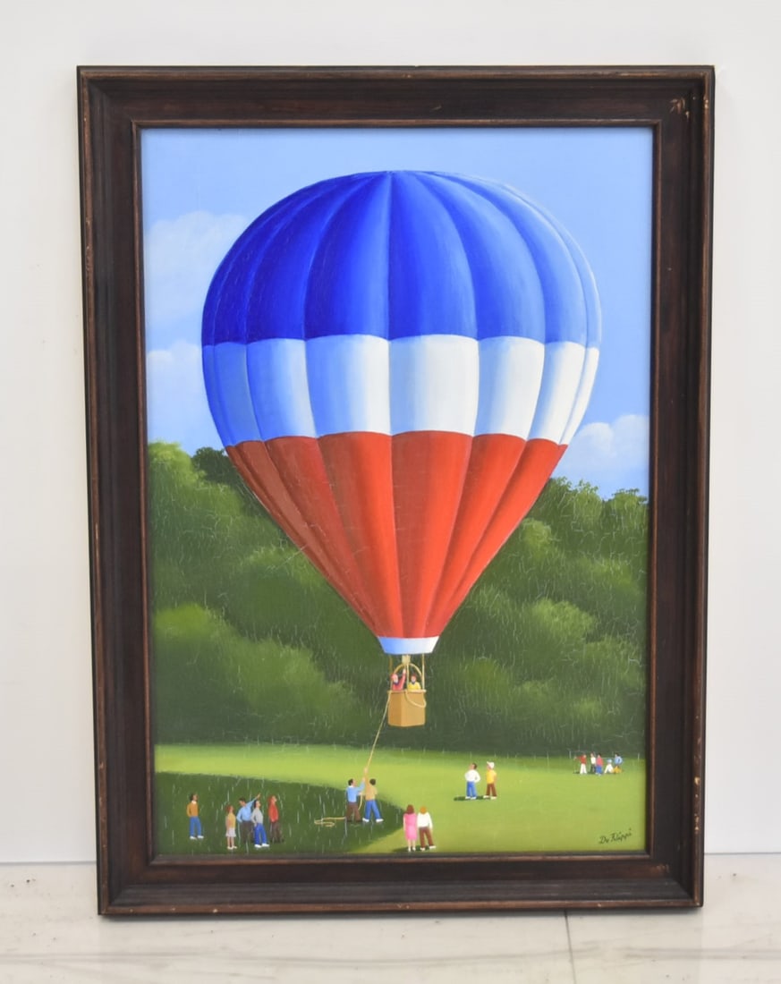 SERGE de FILIPPI . HOT AIR BALLOON OIL ON CANVAS: SERGE de FILIPPI , OIL ON CANVAS FIGURES AROUND HOT AIR BALLOON , TITLED INVERSO " L' ENVOI " SIGNED DE FILIPPI , LOWER RIGHT - 15" x 21" ; 18" x 24" FRAMED (SOME CRAQUELURE)