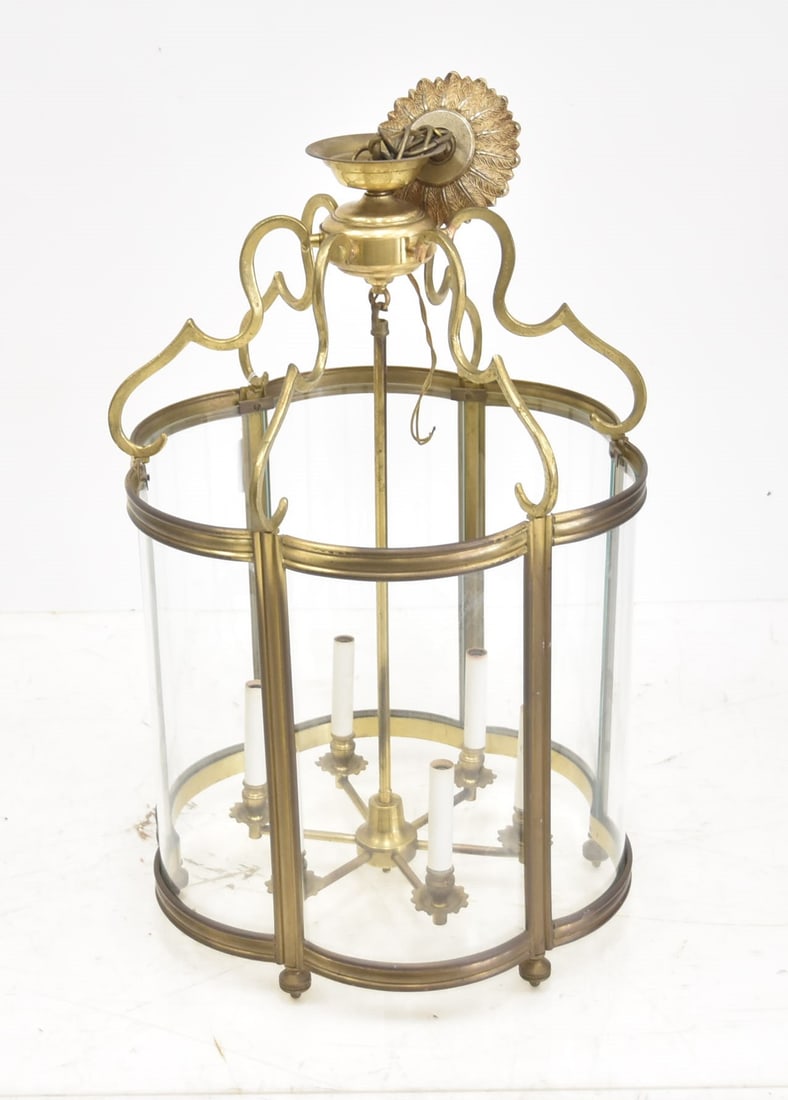 LARGE BRASS & BENT GLASS LANTERN PENDANT FIXTURE (1 of 11)