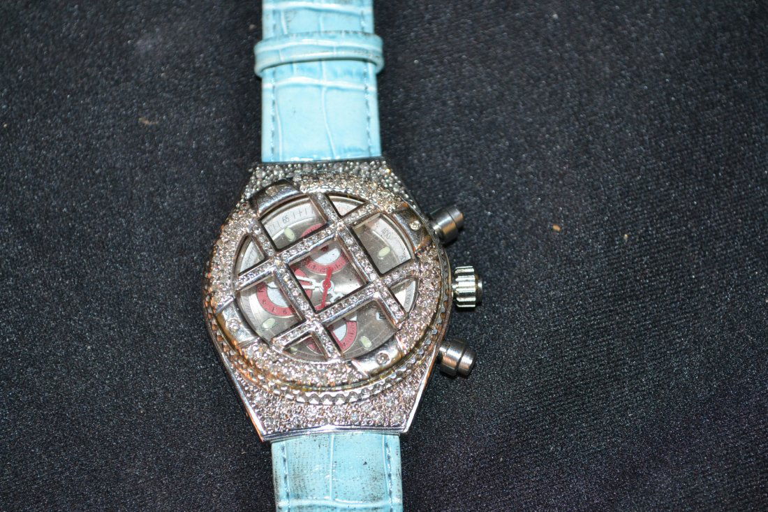 TECHNOMARINE DIAMOND GRID WRISTWATCH: TECHNOMARINE DIAMOND GRID WRISTWATCH WITH AQUA LEATHER BAND - 1 1/2" x 9"