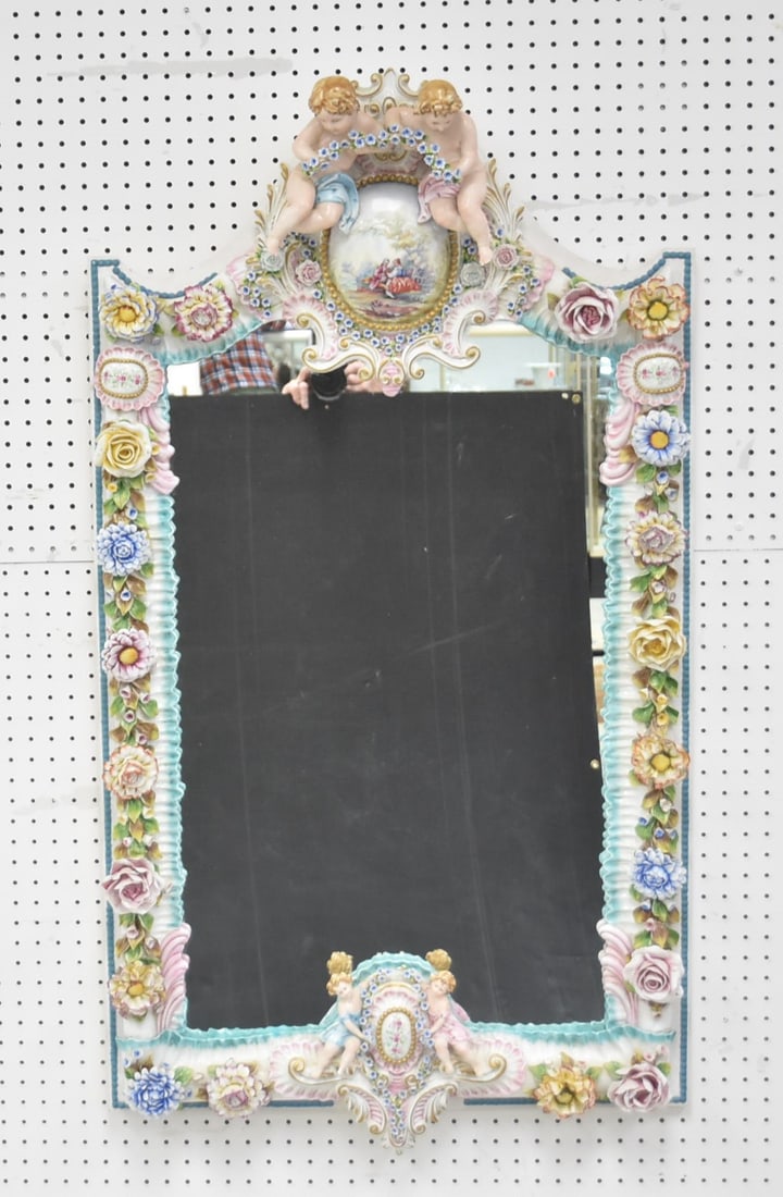 LARGE DRESDEN STYLE PORCELAIN CHERUB MIRROR: LARGE GERMAN DRESDEN STYLE PORCELAIN MIRROR WITH PUTTIS , COURTING SCENE CAMEO & ENCRUSTED FLOWERS - 27" x 48" (PLEASE NOTE THIS PIECE IS HEAVY FOR SHIPPING ; PLEASE GET QUOTE BEFORE BIDDING)
