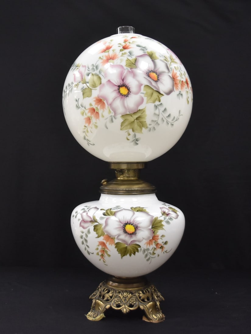 OVERSIZE GONE WITH THE WIND PARLOR LAMP: OVERSIZE GONE WITH THE WIND OPALINE OIL LAMP WITH HAND PAINTED FLOWERS ; ELECTRIFIED - 12" x 29 1/2" WITHOUT CHIMNEY