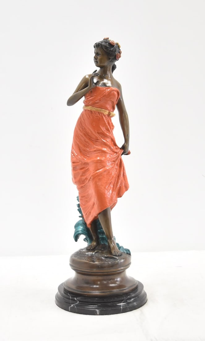 COLD PAINTED BRONZE WOMAN: CONTEMPORARY COLD PAINTED BRONZE WOMAN ON MARBLE BASE - 8" x 23"