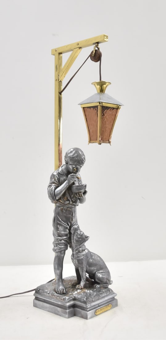 VICTOR ROUSSEAU , SPELTER FIGURAL LAMP: AFTER VICTOR ROUSSEAU (FRENCH, 1865-1954) FRENCH SILVERED SPELTER FIGURAL LAMP WITH BOY HOLDING SOUP BOWL WITH DOG BEGGING , WITH NAME PLATE "LA BONNE SOUPE" , WITH MADE IN FRANCE , FOUNDRY STAMP - 8"