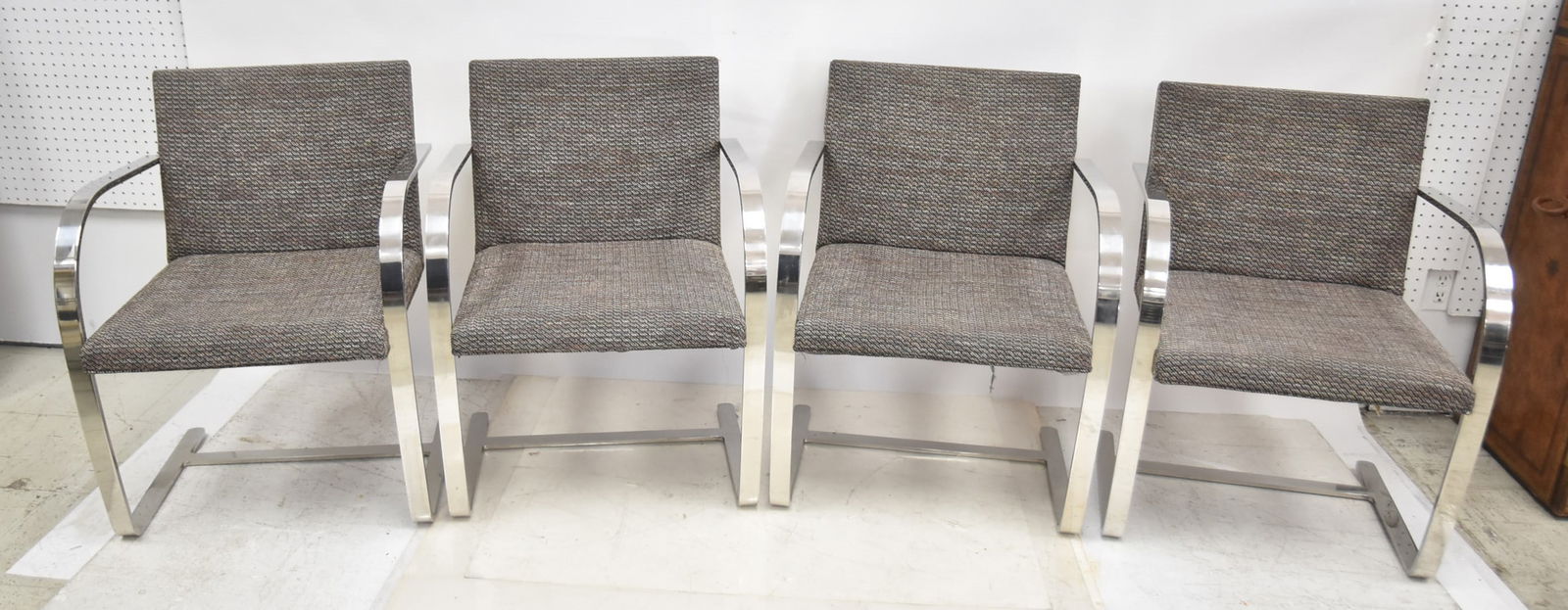 (4) KNOLL INTERNATIONAL CHROME BRNO CHAIRS: (4) MIES VAN DER ROHE FOR KNOLL INTERNATIONAL BRNO CHROME CHAIRS WITH FABRIC UPHOLSTERY - 23" x 23" x 31"