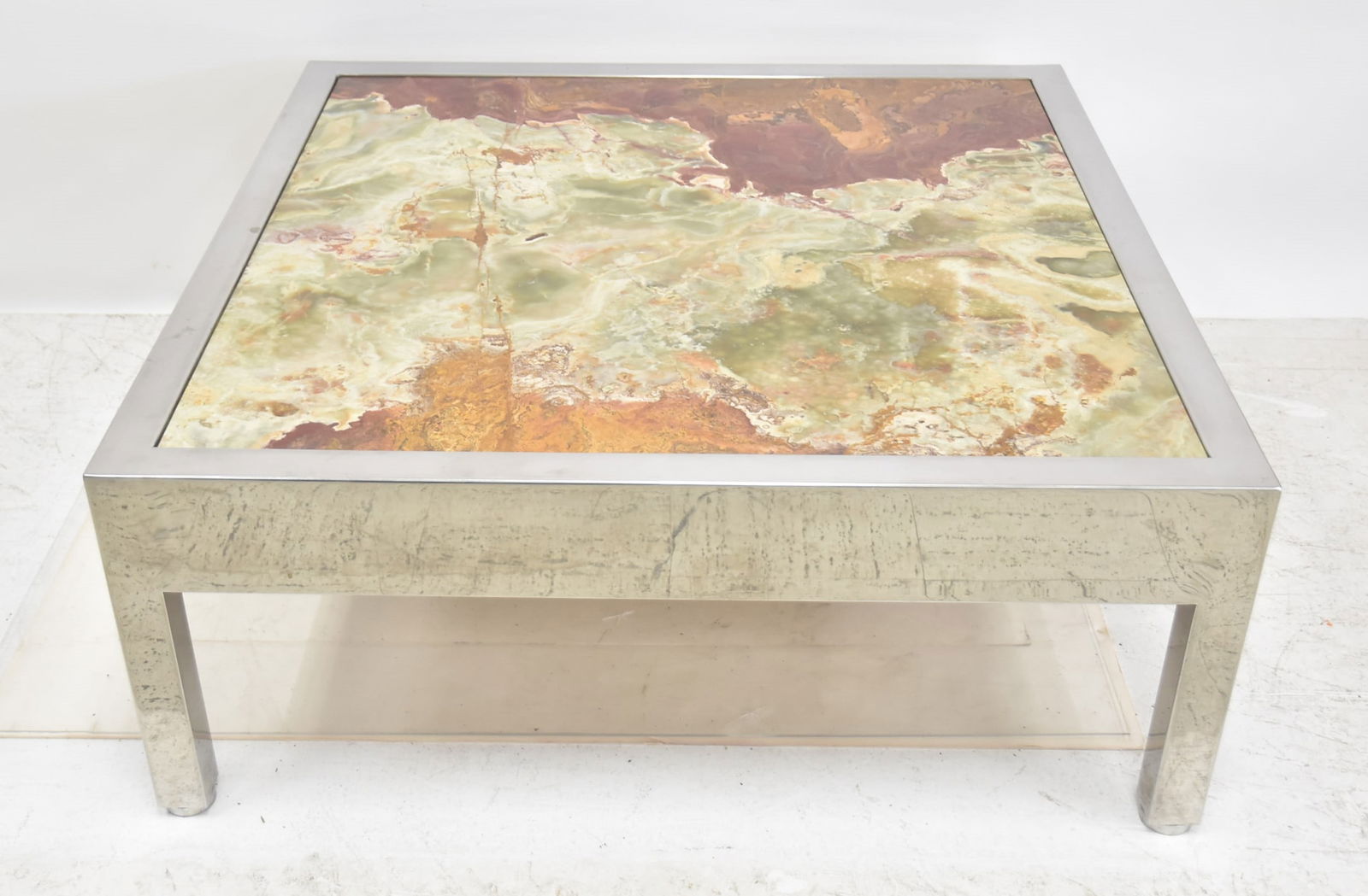 PACE INTERNATIONAL ONYX & CHROME COFFEE TABLE: LEON ROSEN FOR PACE COLLECTION ONYX TOP COFFEE TABLE ; POLISHED STAINLESS STEEL COFFEE TABLE WITH INSET AGATE ONYX TOP ; LEON ROSEN ; PACE COLLECTION , MCM MID CENTURY MODERN ONYX TOPPED STEEL COFFEE