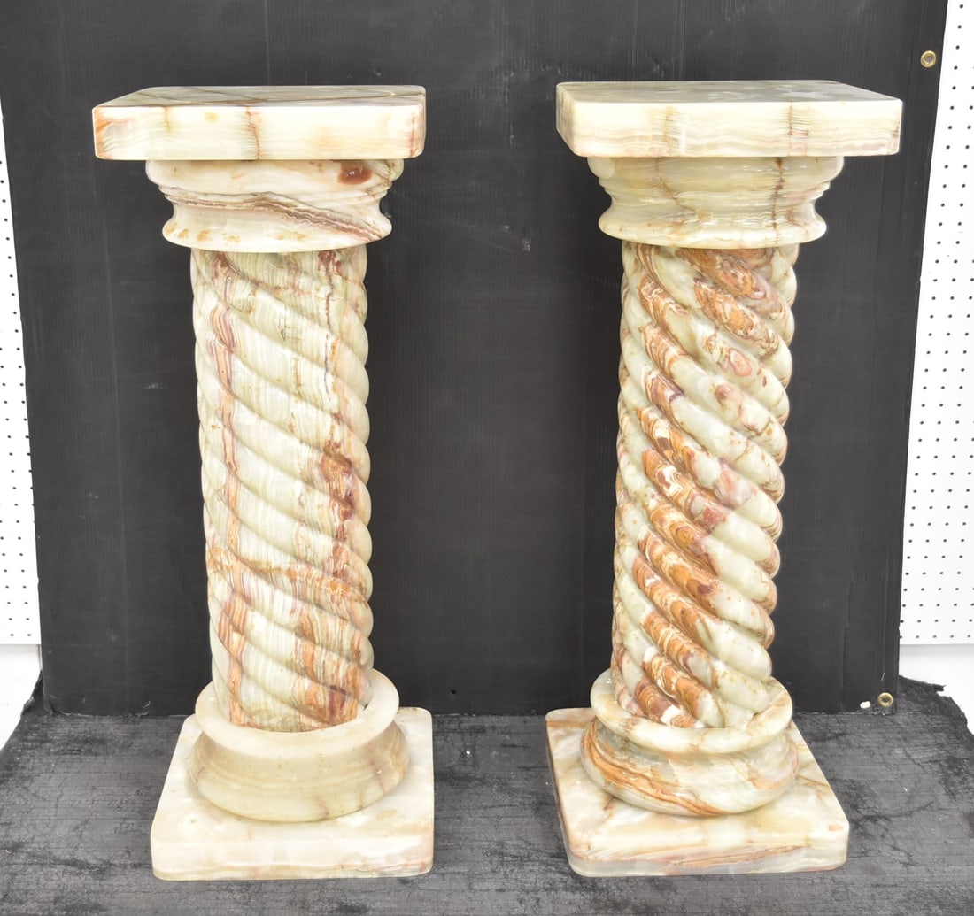(Pr) TWISTED ONYX PEDESTALS: (Pr) SPIRAL CARVED ONYX COLUMN PEDESTALS - 13" x 13" x 34 3/4"