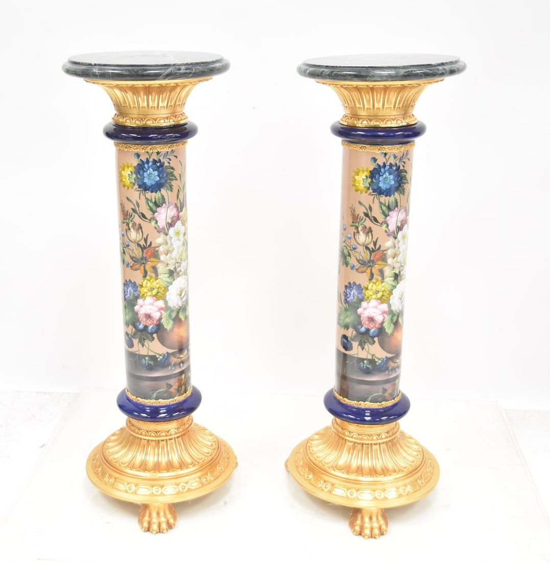 (Pr) ITALIAN CLASSICAL STYLE PEDESTALS: TICHE , MILANO , ITALIAN NEO CLASSICAL STYLE PEDESTALS WITH HAND PAINTED FLOWERS ON PILLARS WITH MARBLE TOP & PAW FEET - 14" x 40"