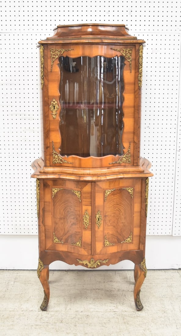 2-PART BRONZE MOUNTED CURIO CABINET: 2-PART BURL WOOD CURIO CABINET WITH BRONZE MOUNTS - 26" x 15" x 58 1/2"