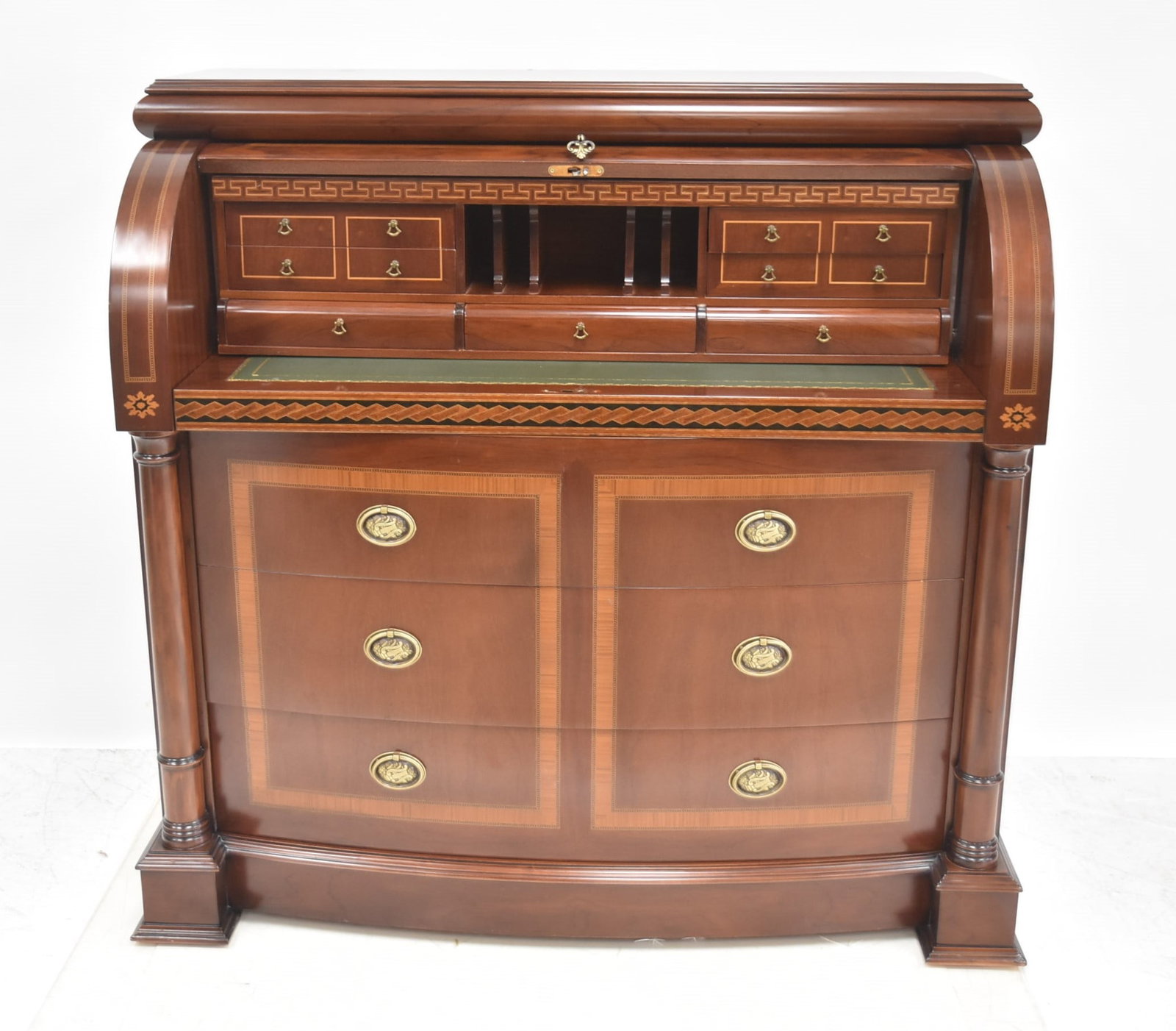 FLORAL INLAID CYLINDER DESK: CONTEMPORARY INLAID CYLINDER SECRETARY DESK WITH LEATHER PULL OUT SURFACE & FLORAL INLAID MEDALLIONS - 26" x 15" x 43"
