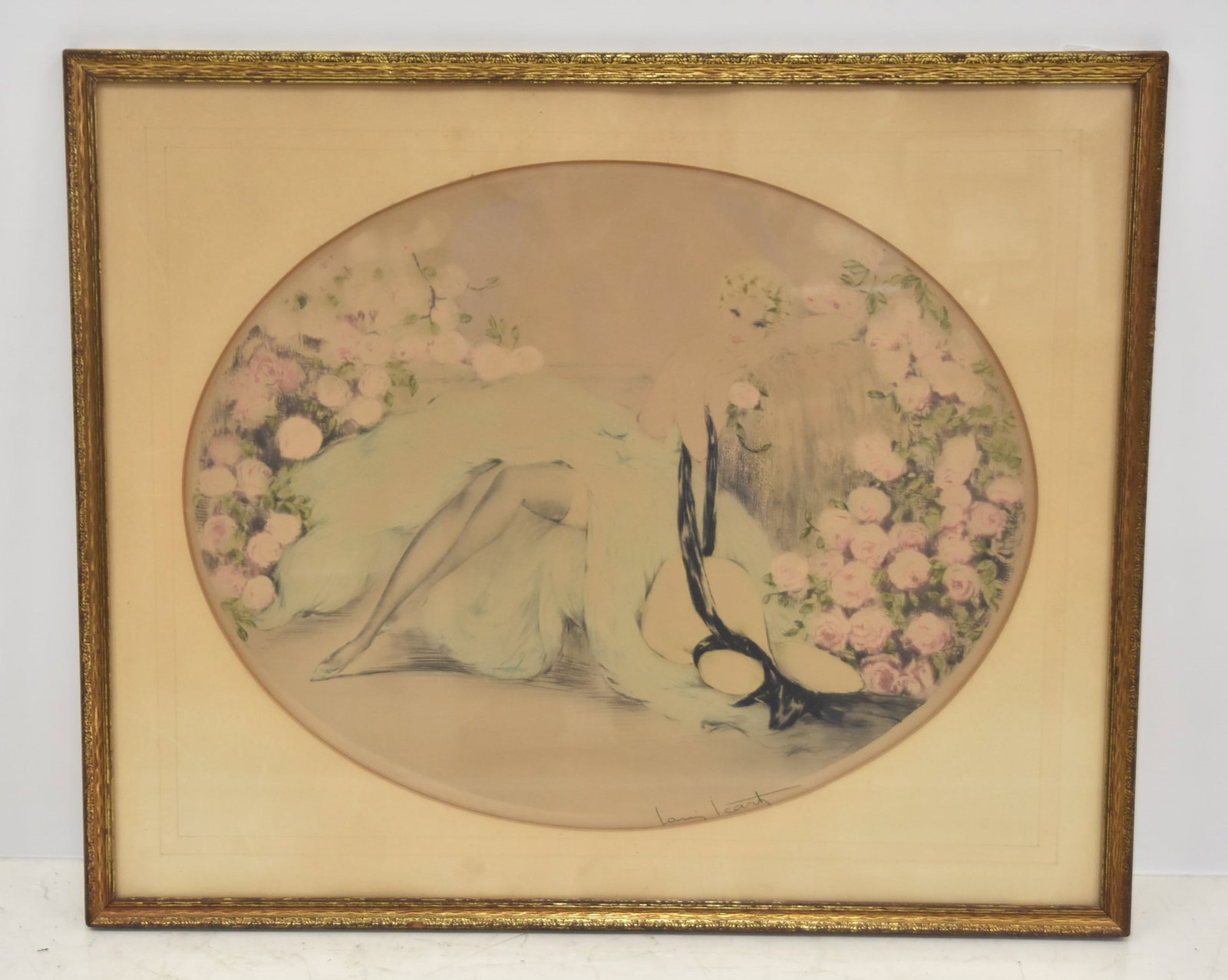LOUIS ICART "LA BELLE ROSE" ETCHING: Louis Icart, (French, 1888-1950) "La Belle Rose", 1933 WITH LOUIS ICART ARTISTS WINDMILL SEAL , DEPICTING RECLING LADY AMONGST ROSE BUSHES - 27" x 22" OVERALL (MATTING HAS TEAR & SOME SUN FADE)