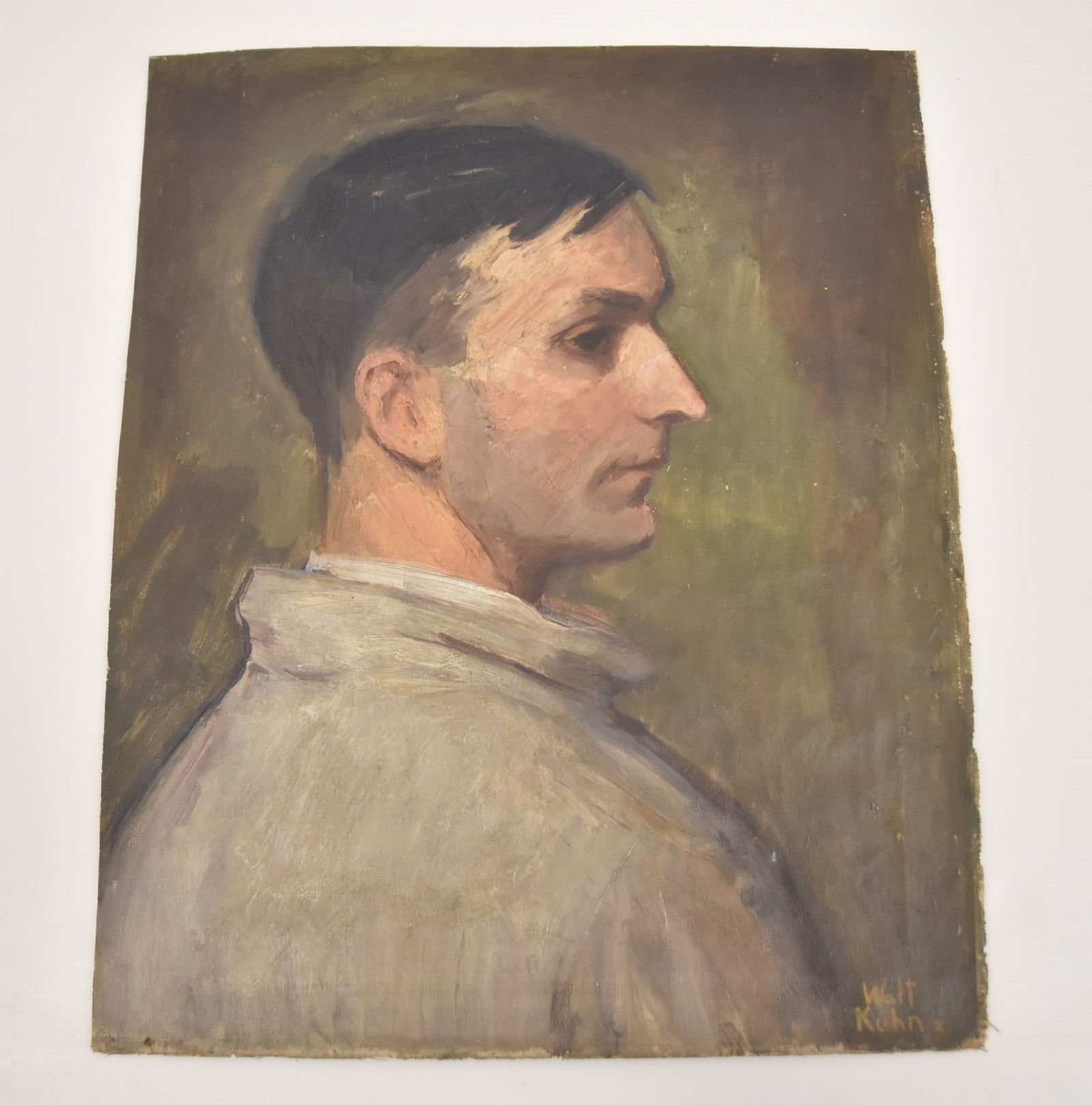 WALT KUHN , OIL ON CANVAS PORTRAIT OF MAN: Walter Francis Kuhn (October 27, 1877 – July 13, 1949) OIL ON CANVAS PROFILE PORTRAIT OF MAN , SIGNED WALT KUHN , 31' , SIGNED LOWER RIGHT ; WRITTEN INVERSO; 11 E 13TH STREET , NY ; 17" x 21" WITHOU
