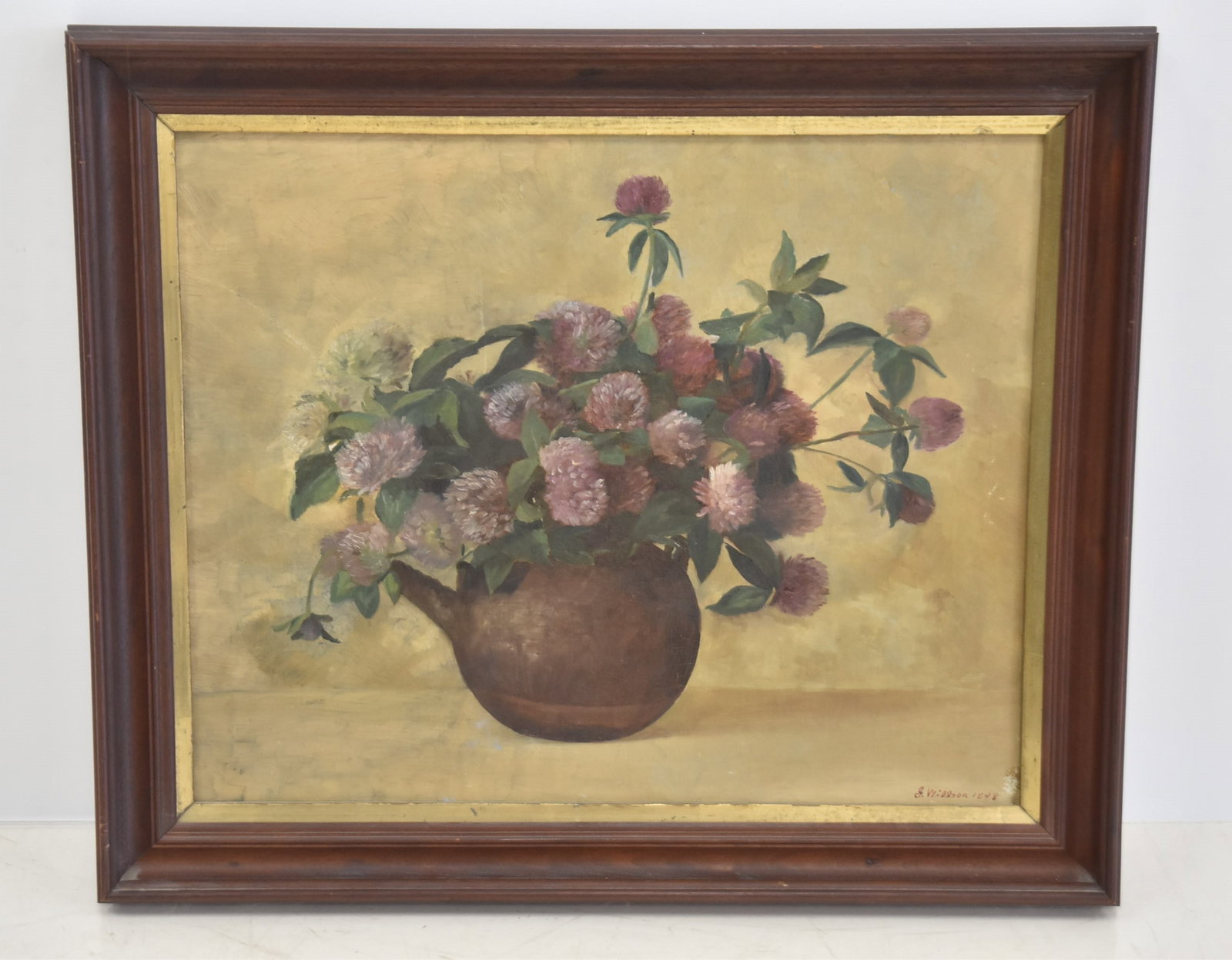 19thC OIL ON CANVAS FLOWER STILL LIFE: G. WILLSON , 1848 , OIL ON CANVAS FLORAL BOUQUET IN URN , SIGNED G. WILLSON , 1848 - 20" x 17" ; 24" x 21" FRAMED OVERALL